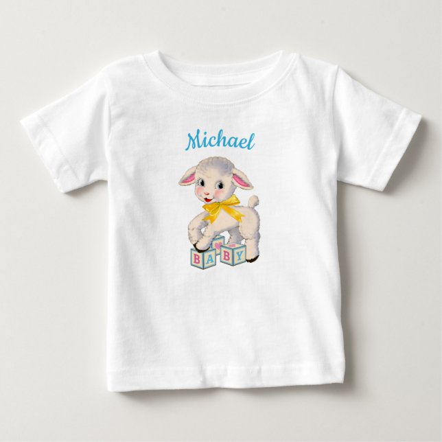 Personalisierter Name des kleinen Lammgelben Band Baby T-shirt (Vorderseite)