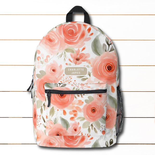 Personalisierter Name des Peach Watercolor Floral  Bedruckter Rucksack (Von Creator hochgeladen)