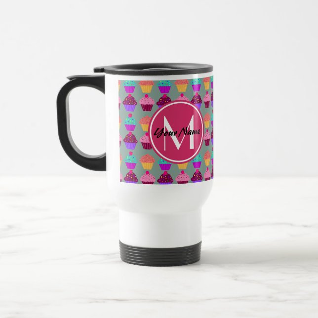 Personalisierter Name des Pink Cupcake, benutzerde Reisebecher (Links)