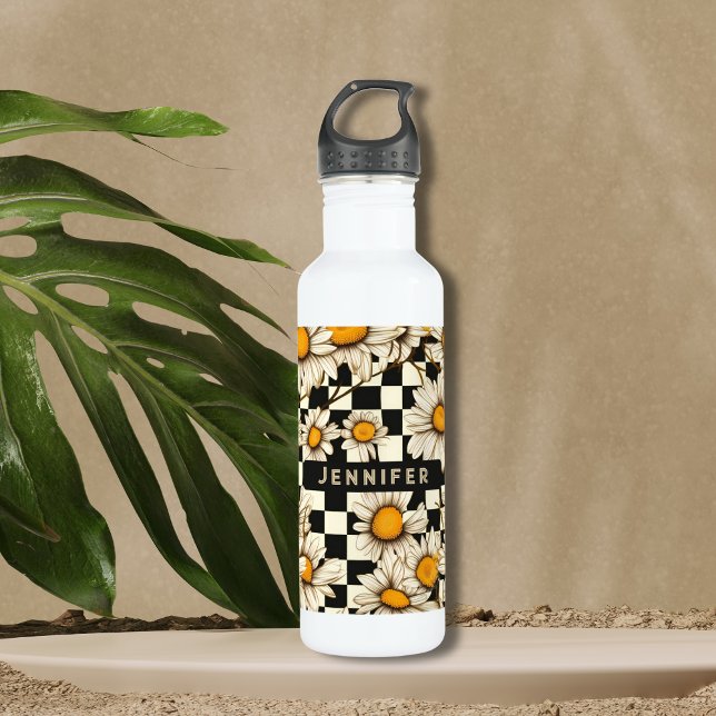 Personalisierter Name des Retro Groovy Daisy Check Edelstahlflasche (Von Creator hochgeladen)