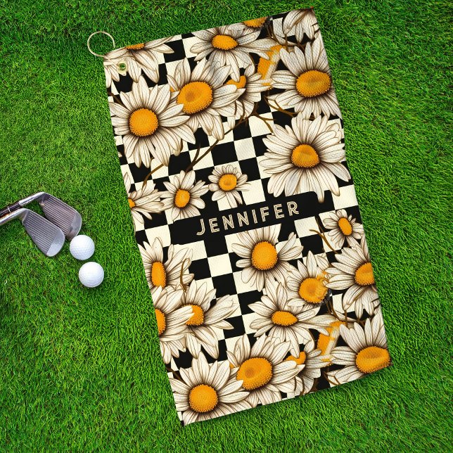 Personalisierter Name des Retro Groovy Daisy Check Golfhandtuch (Von Creator hochgeladen)