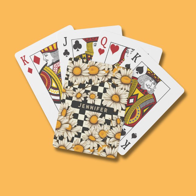 Personalisierter Name des Retro Groovy Daisy Check Spielkarten (Von Creator hochgeladen)