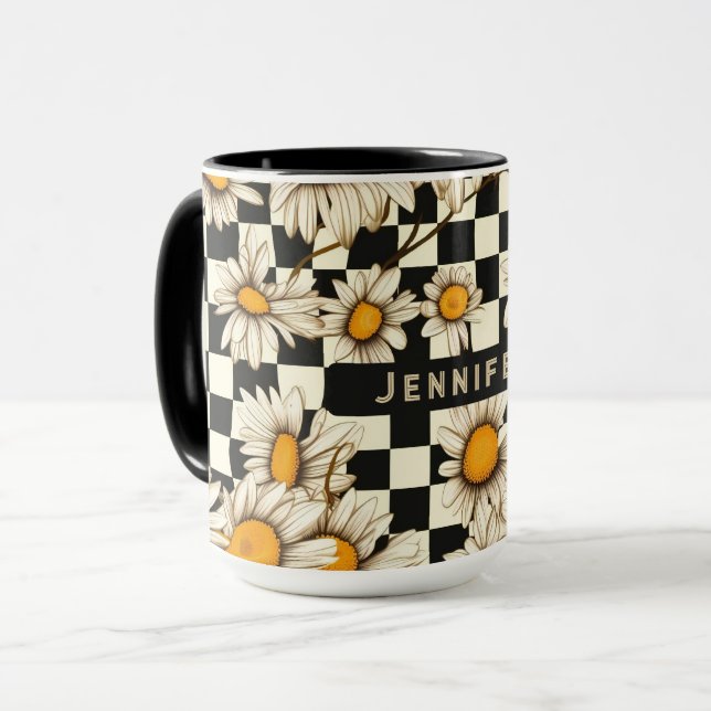 Personalisierter Name des Retro Groovy Daisy Check Tasse (Vorderseite Links)