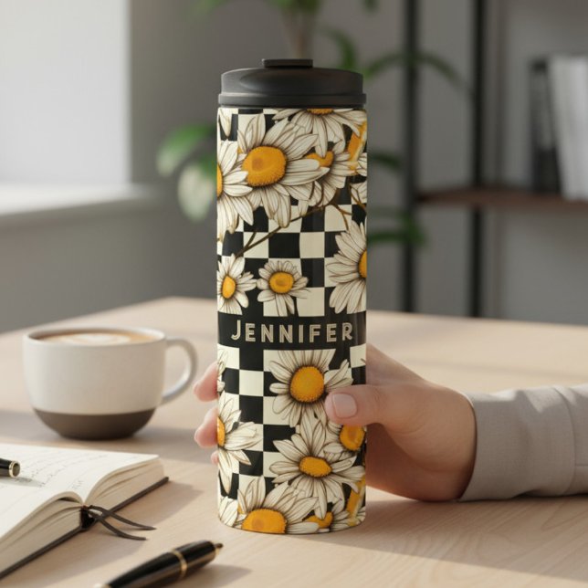 Personalisierter Name des Retro Groovy Daisy Check Thermosbecher (Von Creator hochgeladen)