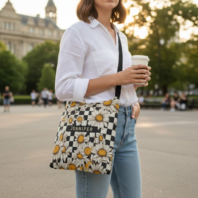 Personalisierter Name des Retro Groovy Daisy Check Tragetaschen Mit Langen Trägern (Von Creator hochgeladen)