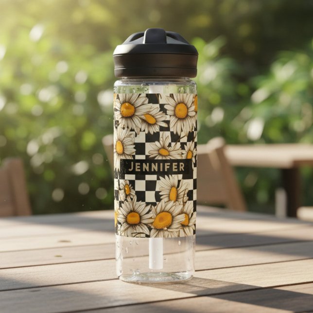 Personalisierter Name des Retro Groovy Daisy Check Trinkflasche (Von Creator hochgeladen)