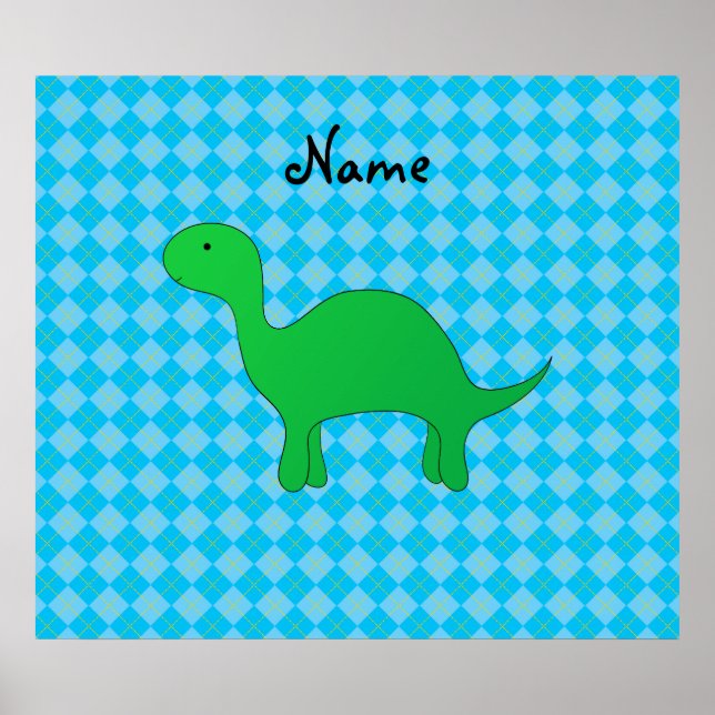 Personalisierter Name Dinosaurier Blaue Raute Poster (Vorne)