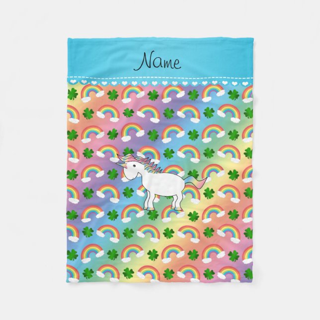 Personalisierter Name Einhorn Regenbogen Kleeblätt Fleecedecke (Vorderseite)