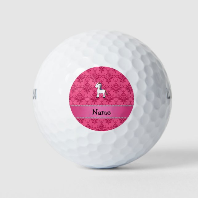 Personalisierter Name Einhorn-Rosa-Damast Golfball (Vorderseite)