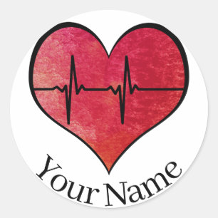 Personalisierter Name EKG Rot -- Wasserfarbenes He Runder Aufkleber