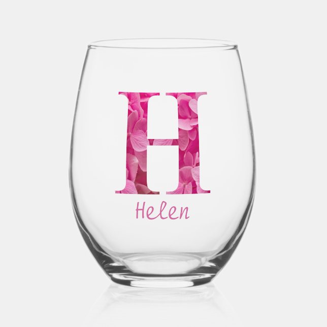 Personalisierter Name Elegant Pink Floral Monogram Weinglas Ohne Stiel (Vorderseite)