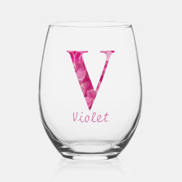 Personalisierter Name Elegant Rosa Floral Monogram Weinglas Ohne Stiel