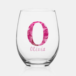 Personalisierter Name Elegant Rosa Floral Monogram Weinglas Ohne Stiel