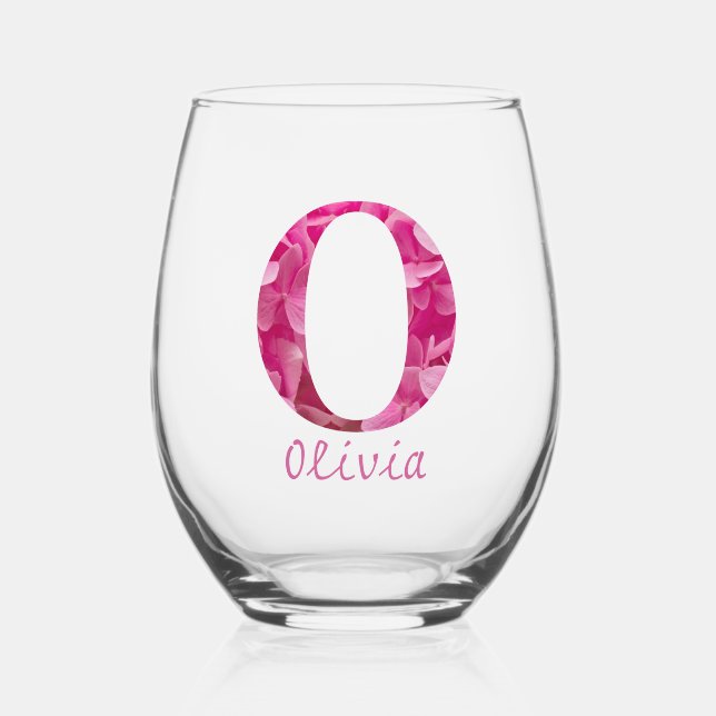 Personalisierter Name Elegant Rosa Floral Monogram Weinglas Ohne Stiel (Vorderseite)