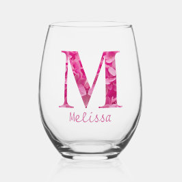 Personalisierter Name Elegant Rosa Floral Monogram Weinglas Ohne Stiel