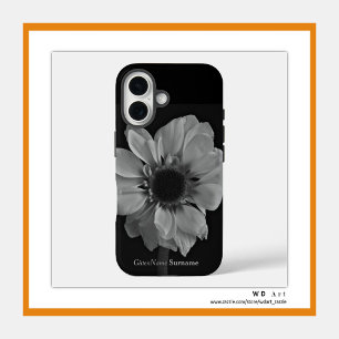 Personalisierter Name Elegante Schwarz-Weiß-Blume iPhone 16 Hülle