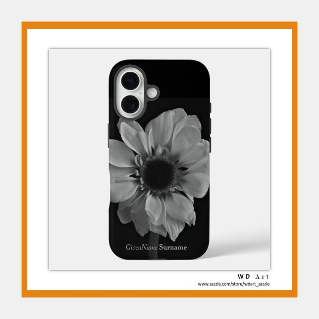 Personalisierter Name Elegante Schwarz-Weiß-Blume Case-Mate iPhone Hülle (Floral beauty up and close in black and white - add your name!)