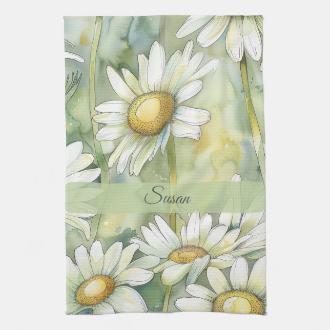 Personalisierter Name Elegante Wasserfarben-Blume Geschirrtuch (Vertikal)