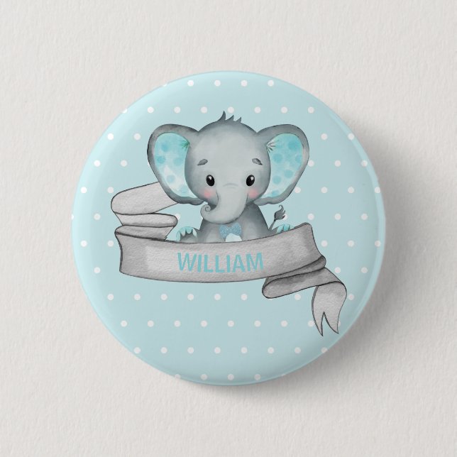 Personalisierter Name Elephant Baby Boy Blue & Gra Button (Vorderseite)