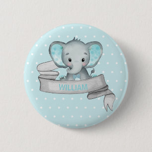 Personalisierter Name Elephant Baby Boy Blue & Gra Button