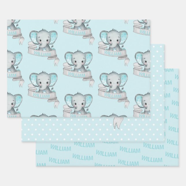 Personalisierter Name Elephant Baby Boy Blue Gray Geschenkpapier Set (Set)
