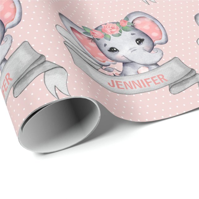 Personalisierter Name Elephant Baby Girl Pink & Gr Geschenkpapier (Rolleneckpunkt)