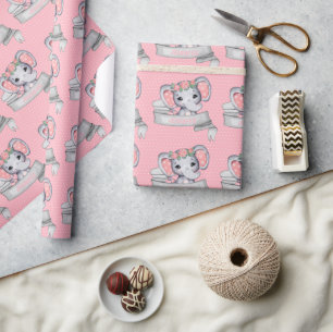 Personalisierter Name Elephant Baby Girl Pink & Gr Geschenkpapier