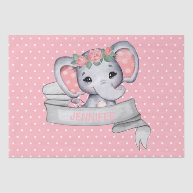 Personalisierter Name Elephant Baby Girl Pink & Gr Seidenpapier (Vorderseite)