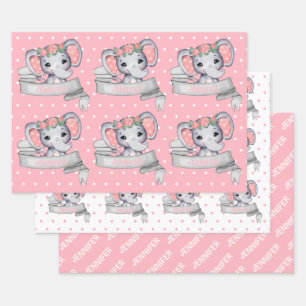Personalisierter Name Elephant Baby Girl Pink Must Geschenkpapier Set