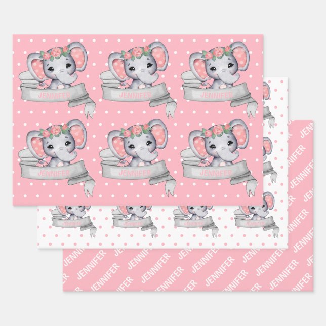 Personalisierter Name Elephant Baby Girl Pink Must Geschenkpapier Set (Set)