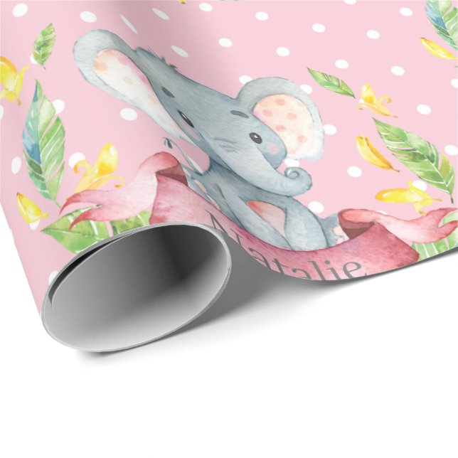 Personalisierter Name Elephant Baby Girl Pink und  Geschenkpapier (Rolleneckpunkt)