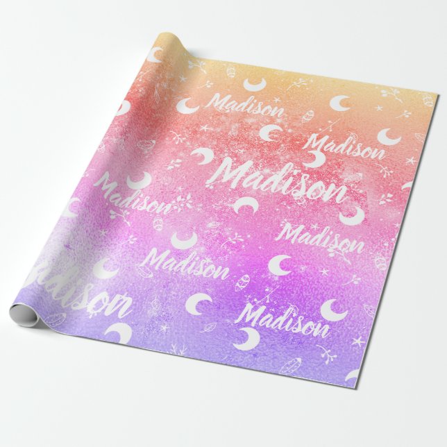 Personalisierter Name Fairy Rainbow Moon Girl Geschenkpapier (Ungerollt)