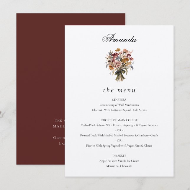 Personalisierter Name Fall Blume Hochzeit Menükarte (Vorne/Hinten)