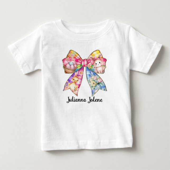 Personalisierter Name Farbenfrohe Osterkokette Bow Baby T-shirt (Vorderseite)