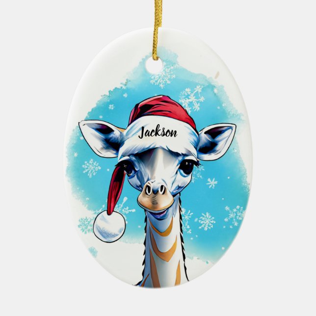 Personalisierter Name Festive Santa Giraffe Weihna Keramik Ornament (Vorne)