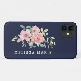 Personalisierter Name Floral Blush Navy Case-Mate iPhone Hülle