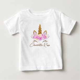 Personalisierter Name Floral Einhorn Mädchen  Baby T-shirt