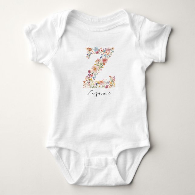 Personalisierter Name & floral monogram 'Z' Baby Strampler (Vorderseite)