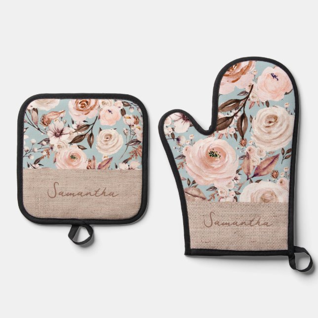 Personalisierter Name Floral Ofenhandschuh & Topflappen-Set (Vorderseite)
