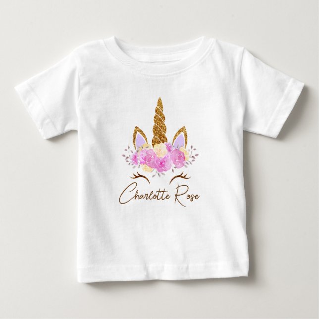 Personalisierter Name Floral Unicorn Girls Baby T-shirt (Vorderseite)