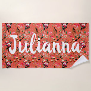 Personalisierter Name Floral Warm Vintage Orange Strandtuch
