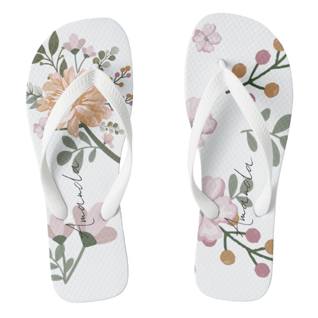 Personalisierter Name Floral White Flip Flops (Fußbett)