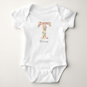 Personalisierter Name & florale Monogramm 'T' Baby Strampler