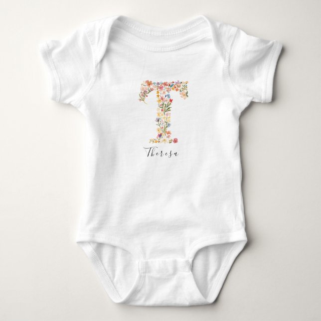 Personalisierter Name & florale Monogramm 'T' Baby Strampler (Vorderseite)