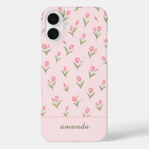 Personalisierter Name Florale rosa Tulpen iPhone 16 Plus Hülle