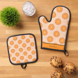 Personalisierter Name Frucht Orange und Braun Ofenhandschuh & Topflappen-Set