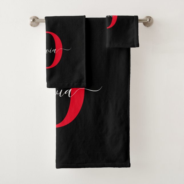 Personalisierter Name für Monogramm-Skript Schwarz Badhandtuch Set (Insitu)