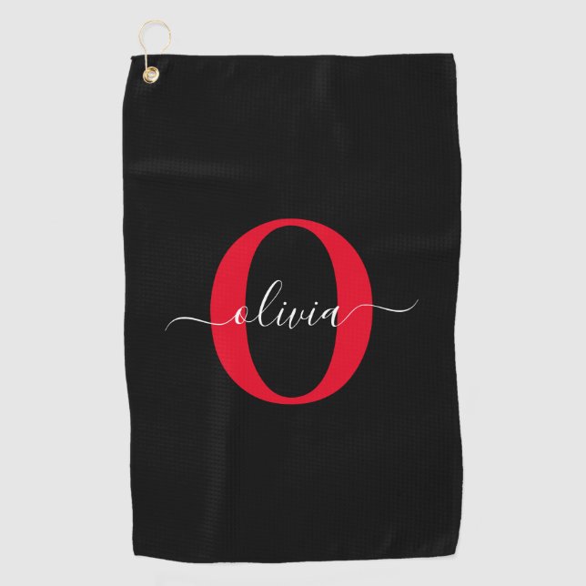 Personalisierter Name für Monogramm-Skript Schwarz Golfhandtuch (Vorderseite)