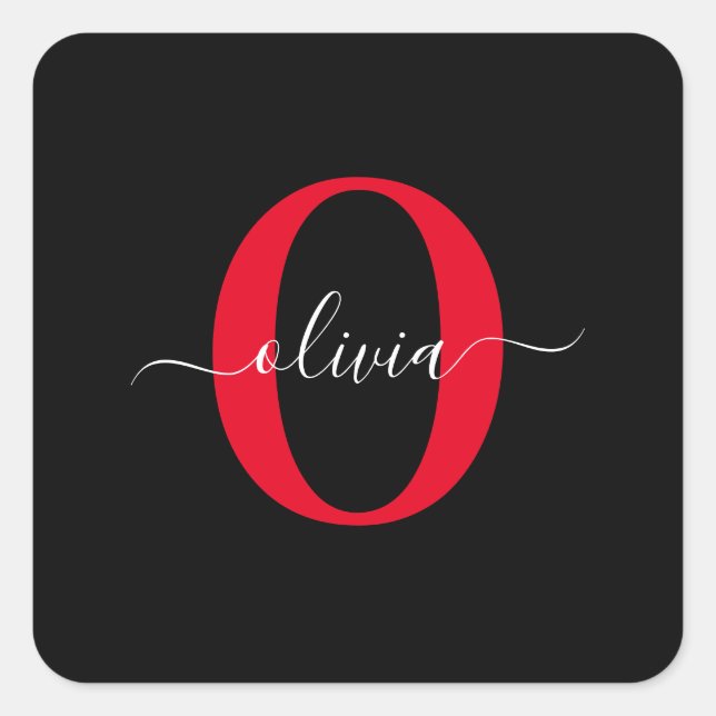 Personalisierter Name für Monogramm-Skript Schwarz Quadratischer Aufkleber (Vorderseite)