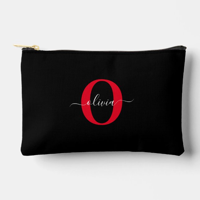 Personalisierter Name für Monogramm-Skript Schwarz Zubehörtasche (Vorderseite)